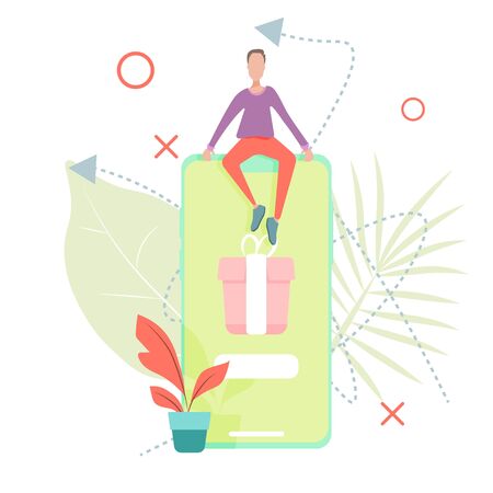 Christmas and New Year presents gifts in a mobile application. Happy peopleのイラスト素材