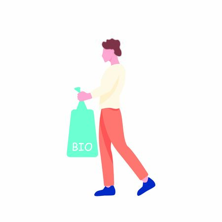 A man takes out the trash. Illustration about conservation, trash sorting and bio packaging.のイラスト素材