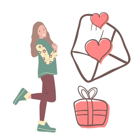 Cute drawing of a girl who received a gift. A love letter and a gift for Valentine's Day. Vector graphics on a white background.のイラスト素材