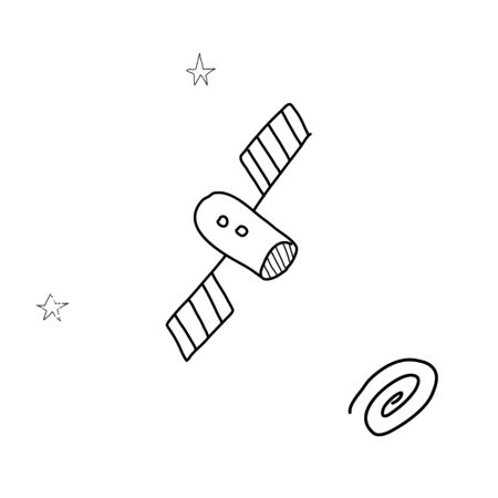 Cute drawing of a space satellite in doodle style. Illustration on the theme of space exploration, the study of planets, the search for other galaxies. The conquest of space. Vector graphics on an insulated white background.のイラスト素材