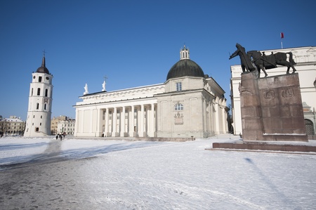 Cathedral with Bell Tower and Gediminas statue Square in Vilnius, Lithuania