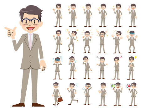 It is a character set of a businessman. There are basic emotional expression and pose. It's vector art so it's easy to edit.のイラスト素材