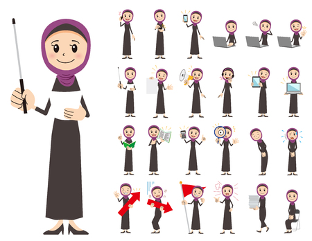 It is a character set of an arabian woman. There are gestures and poses mainly explained. It's vector art so it's easy to edit.のイラスト素材