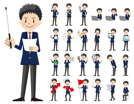 It is a character set of a schoolboy. There are gestures and poses mainly explained. It's vector art so it's easy to edit.のイラスト素材