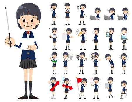 It is a character set of a schoolgirl. There are gestures and poses mainly explained. It's vector art so it's easy to edit.のイラスト素材