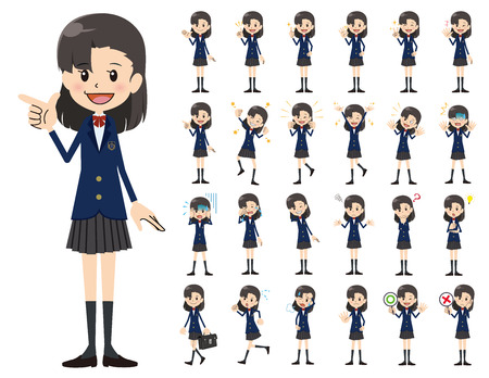It is a character set of a schoolgirl. There are basic emotional expression and pose. It's vector art so it's easy to edit.のイラスト素材