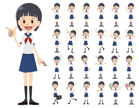 It is a character set of a schoolgirl. There are basic emotional expression and pose. It's vector art so it's easy to edit.のイラスト素材