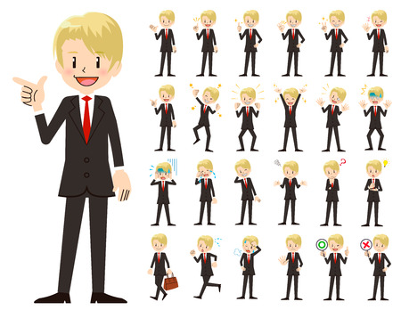 It is a character set of a businessman. There are basic emotional expression and pose. It's vector art so it's easy to edit.のイラスト素材