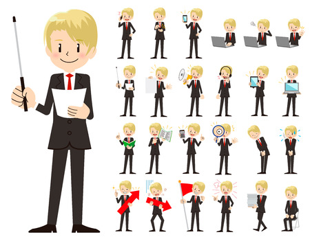 It is a character set of a businessman. There are gestures and poses mainly explained. It's vector art so it's easy to edit.のイラスト素材