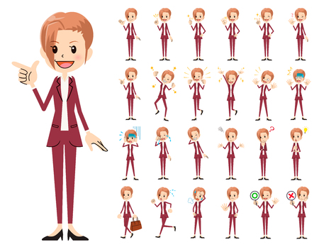 It is a character set of a business women. There are basic emotional expression and pose. It's vector art so it's easy to edit.のイラスト素材