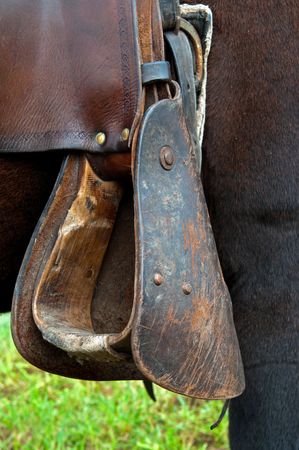 Detail of western style stirrup, vertical shot. の写真素材