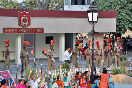 WAGAH BORDER, INDIA - 25 OCTOBER, 2009: Members of indian Border security force guard during the...