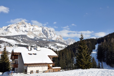 ALTA BADIA, ITALY - FEBRUARY, 16: View of ski resort during the sunny wintertime on February 16, 2010 in Alta Badia, the Alps, Italy.のeditorial素材
