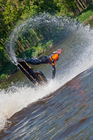 ROUDNICE NAD LABEM, CZECH REPUBLIC - MAY 7: Mr. Hora in action at Roudnicky Trojuhelnik (RT) on May 7, 2011 in Roudnice nad Labem, Czech. RT is one of the biggest jet skis competitions in the Czech Republic.のeditorial素材