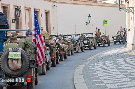 PRAGUE, CZECH REPUBLIC - APRIL 29: Picture of row of an American historical Jeeps of Old Car Rangers club on April 29, 2011. ItÂ´s part of reenactment event - the fall of German army in the Czech Republic during WWII.のeditorial素材