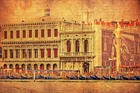 VENICE, ITALY - SEPTEMBER 27: View of a Venetian Grand Channel with its typical Venetian architecture and gondolas on September 27, 2009 in Venice. The photo was made as a retro styziled picture.のeditorial素材