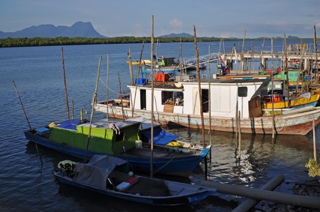 Marina with local boats on Bali island, Indonesia.のeditorial素材