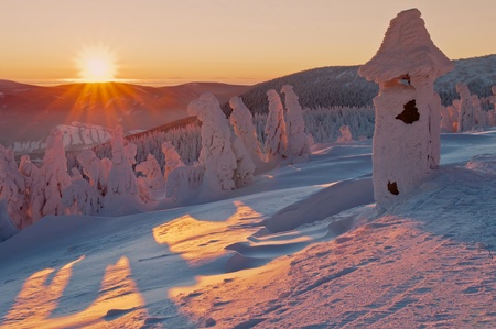 Winter wonderland during the colorful sunrise.の写真素材