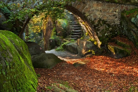 View of a beautiful autumn scene with an old bridge.の写真素材