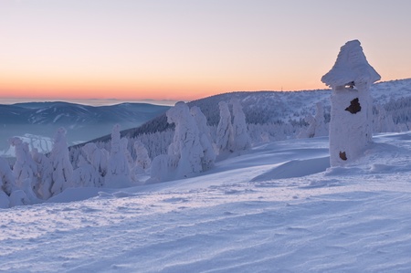 Winter wonderland during the colorful sunrise.