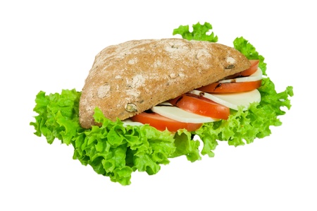 Sandwich - a bread roll with mozzarella, tomato and lettuce fillings の写真素材