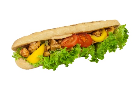 Sandwich - a bread roll with grilled meet, tomato and lettuce fillings.の写真素材