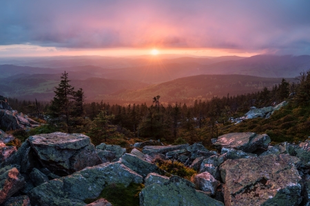 View of a beautiful sunset on the top of the hill, panoramic picture.の写真素材