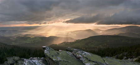 View of a beautiful sunset on the top of the hill, panoramic picture.の写真素材