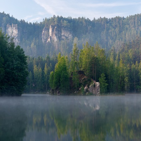 Panoramic view of a beautiful autumn lake.の写真素材