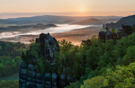 View of a beautiful misty sunrise on the top of the hill, panoramic picture.の写真素材