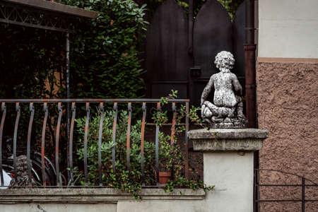 stone statue of angel from behind in italian gardenの写真素材