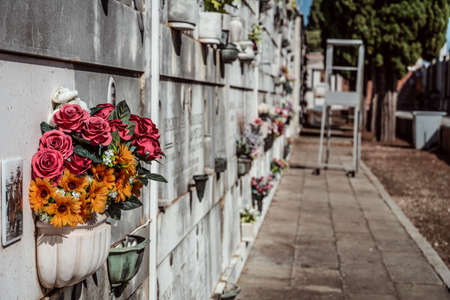 plastic flower bouquet on urne wall at cemeteryの写真素材