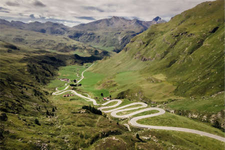 Aerial view of winding roads on Julierpass in Switzerlandの写真素材