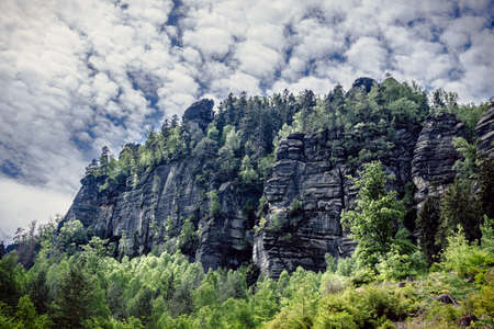 Rock formation on hiking trail in Eblsandsteingebirge in Saxon Switzerlandの写真素材