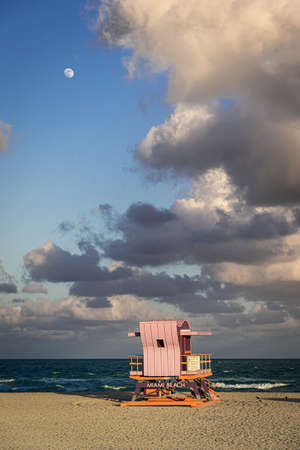 Miami Beach live saver hut at sunset with moonの写真素材