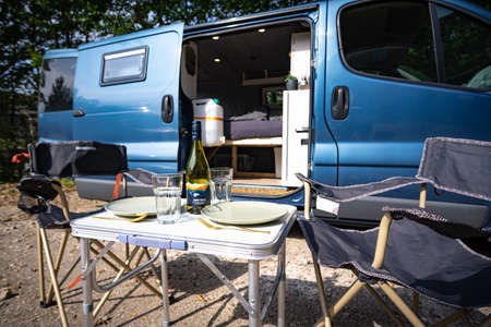 Cosy vacation in a self converted camper vanの写真素材