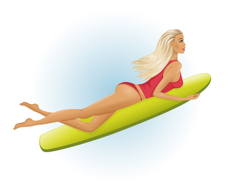 Vector illustration of a girl surfing on a white backgroundのイラスト素材