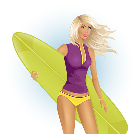 Vector illustration of sporty girl with surfing board on a white backgroundのイラスト素材