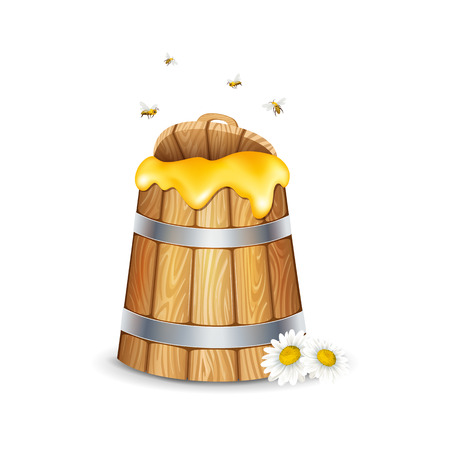 Honey in wooden barrel on white backgroundのイラスト素材
