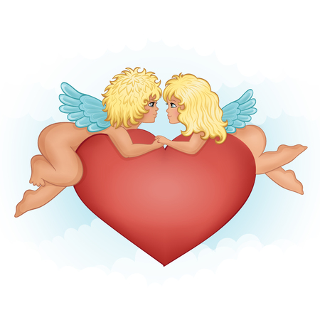 Vector illustration angels girl and boy kissing holding handsのイラスト素材