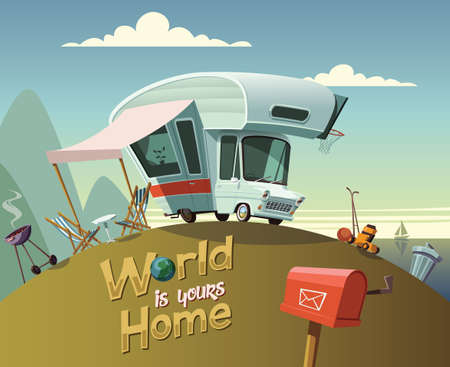Camper van on the top of hillのイラスト素材