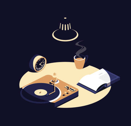 Book , music and coffee after midnight isometric illustrationのイラスト素材