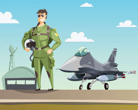 Military pilot and jet fighter on runwayのイラスト素材