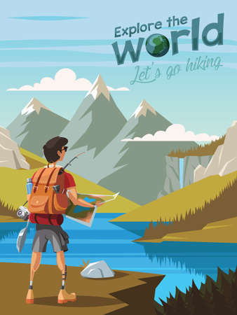 Explore the world,Let's go hiking,A young man hikers looking at a beautiful natureのイラスト素材