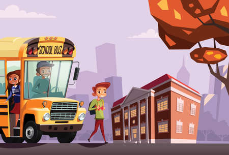 Students arrive at the school by busのイラスト素材