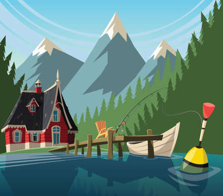 Fishing day on mountain lakeのイラスト素材