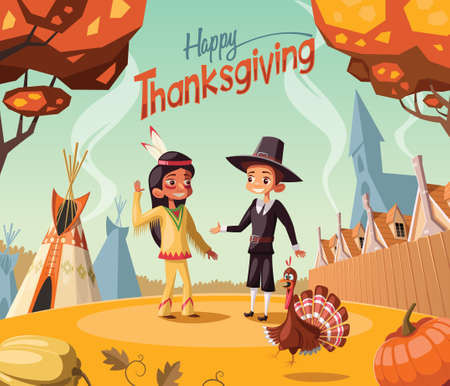 Thanksgiving day scene,Pilgtrim  and Indian salute each otherのイラスト素材