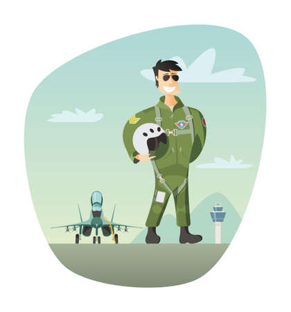 Military pilot and fighter jet in backgroundのイラスト素材