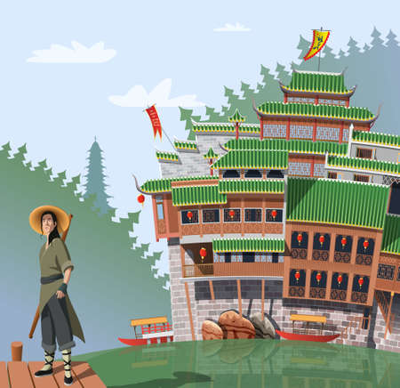 Kung Fu fighter and ancient Chinese village in backgroundのイラスト素材