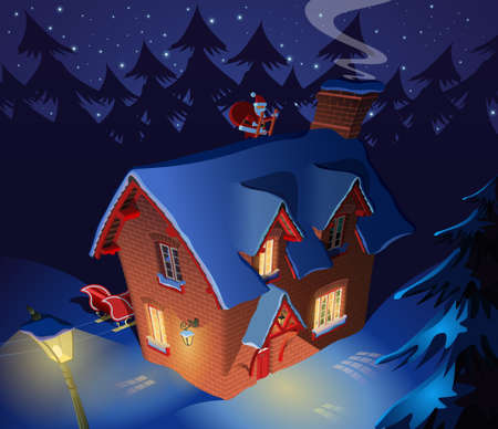 Santa Claus visit lonely forest house for Christmas eveのイラスト素材